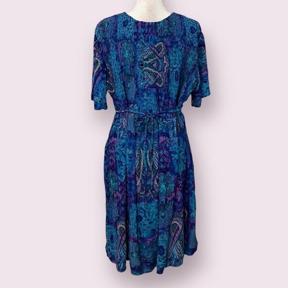 Vintage MORE JAZZ Women's Midi Dress Blue Smocked Short Sleeve Size 1X - Picture 2 of 10